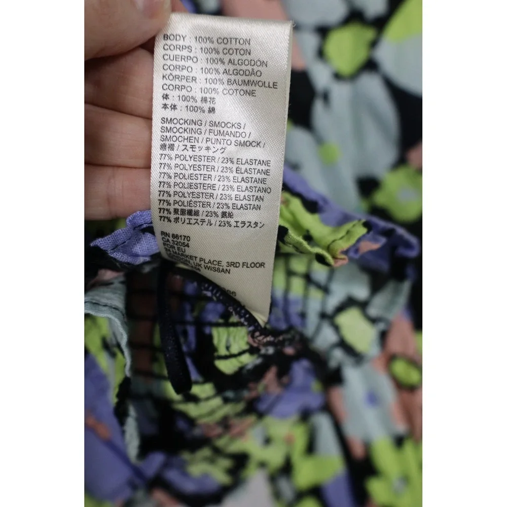 Free People Womens Floral Smocked Puff Sleeve Square Neck Blouse Black Multi‎ M